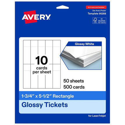 Avery Printable Rectangle Tickets, 1-3/4" x 5-1/2", Glossy White Cardstock, Laser/Inkjet Printable, 500 Total