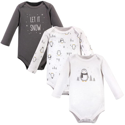 Hudson Baby pañaleros de manga larga de algodón para bebés, paquete de 3, pingüino gris, 0-3 meses