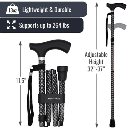 Switch Stick Luxury Engraved Black Walking Stick - Folding And Adjustable