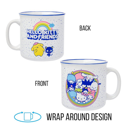 Silver Buffalo Sanrio Hello Kitty Friends Featuring Little Twin Stars, Cinnamoroll, Kuromi, Keroppi, Badtz-Maru, Pochacco, Tuxedo Sam, My Melody, Pompompurin, Chococat Ceramic Camper Mug, 20 Ounces