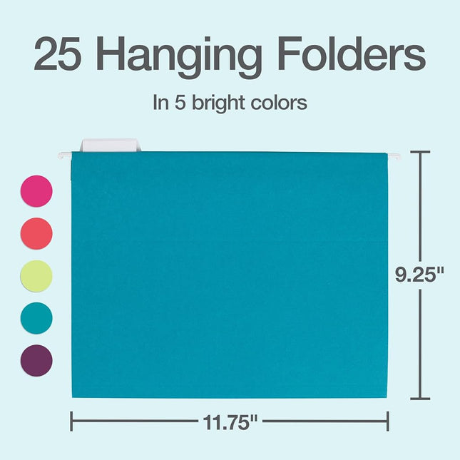 Oxford Hanging File Folders, 25 Pack, Letter Size (8.5" x 11"), 5 Bright Colors, 5 Tab Positions, Includes Tabs and Inserts, Hanging Files for Office and Document Organization