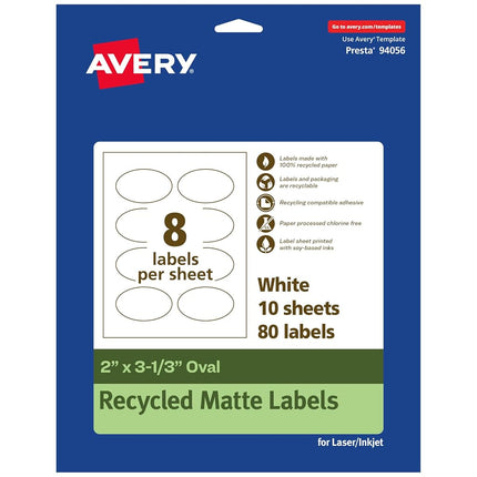 Avery EcoFriendly Matte White Recycled Oval Labels, 2" x 3-1/3", Print-to-The-Edge, Matte White Labels, Permanent Adhesive, Laser/Inkjet Printable, 80 Total