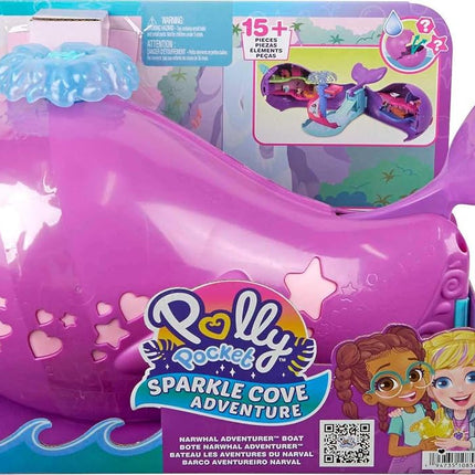 Polly Pocket Sparkle Cove Adventure Dolls & Toy Boat Playset, Narwhal Adventurer with 2 Micro Dolls, 3 Dissolvable Pearls & 13 Accessories, HKV71