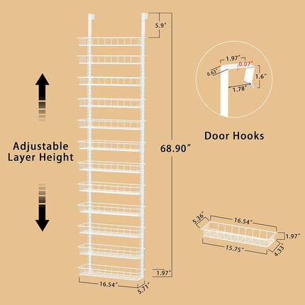 Churboro Over the Door Pantry Organizer Rack with 12 Adjustable Baskets, 12 Tiers Dual-use Spice Rack- Hanging or Wall Mount Spice Rack, Pantry Door Organizer, White