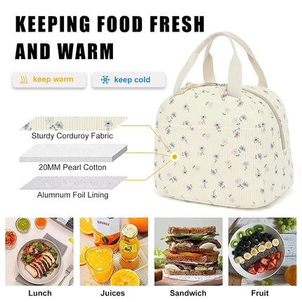 Corduroy Lunch Box for Women Girls, Cooler Lunch Bags Reusable Insulated Lunchbox for Picnic School Work Travel (Flowers Purple)