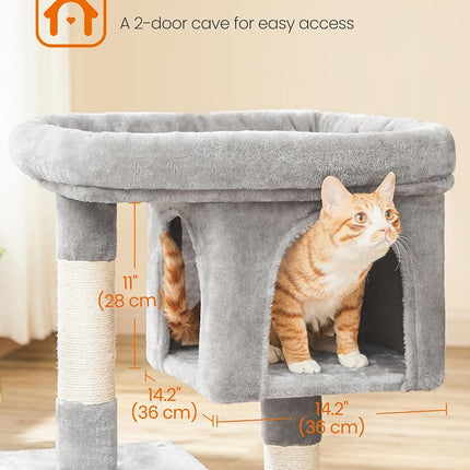 Feandrea Cat Tree Tower, 84 cm, L, Condo for Large Cats up to 16 lb, Large Perch, 2 Caves, Scratching Post, Light Gray UPCT61W