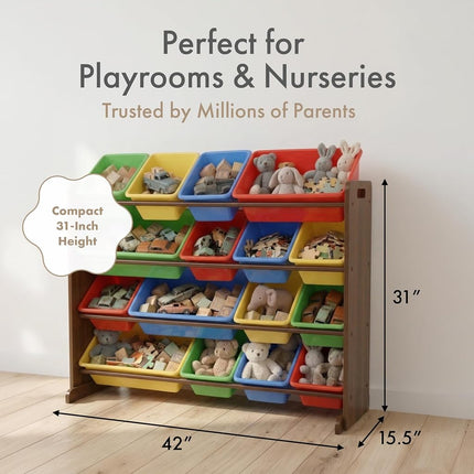 Humble Crew Children's Shelf, Toy Organiser Shelf with 16 Storage Boxes, Dark Wood/Primary