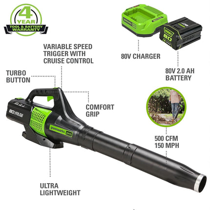 Greenworks 80V (150 MPH / 500 CFM / 75+ Compatible Tools) Cordless Axial Leaf Blower, 2.0Ah Battery and Charger Included