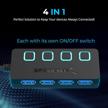 SABRENT Powered USB Hub, 4 Port USB 3.2x1 5Gbps, USB 3 Splitter, On/Off Switch LED Indicators, 68cm (2ft) Cable for PC, Laptop, iMac, MacBook (HB-UMP3)