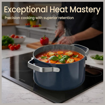 Blue 8.5 Quart Aluminum Stock Pot with Lid, Nonstick Ceramic Coated Boiling Pot, PTFE & PFAS Free, Oven Safe to 500�F, Riveted Stainless Steel Handles, Tempered Glass Lid, All Stove Compatible