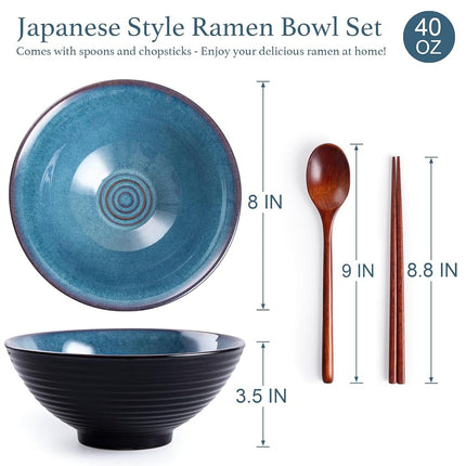 HOKELER Ceramic Japanese Ramen Bowl Set, 2 Sets Asian Pho Udon Soup Noodle Bowls with Spoons and Chopsticks (Starry Blue, 8 inches)