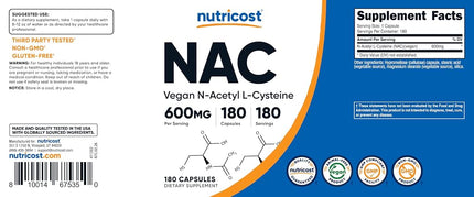 Nutricost N-Acetyl L-Cysteine (NAC) 600mg, 180 Capsules - Non-GMO, Gluten Free