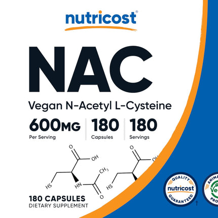 Nutricost N-acetil L-cisteína (NAC) 600 mg, 180 cápsulas - Sin OMG, sin gluten