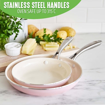 GreenLife Artizan Healthy Ceramic Non-Stick 20 cm and 26 cm Frying Pan Skillet Set, Stainless Steel Handle, PFAS-Free, Induction, Oven Safe, Pink