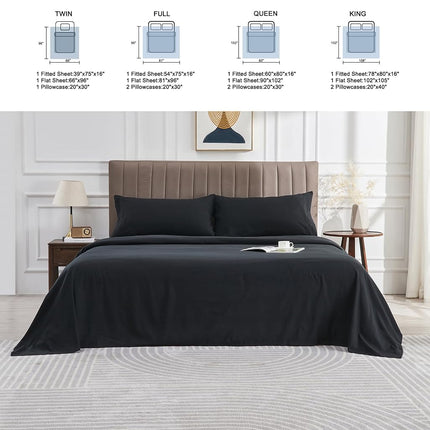 WODFAMY Parure de draps en microfibre de taille standard, très douce, poches profondes, draps noirs de luxe pour hôtel, respirante et rafraîchissante, infroissable, parure 4 pièces pour lit double