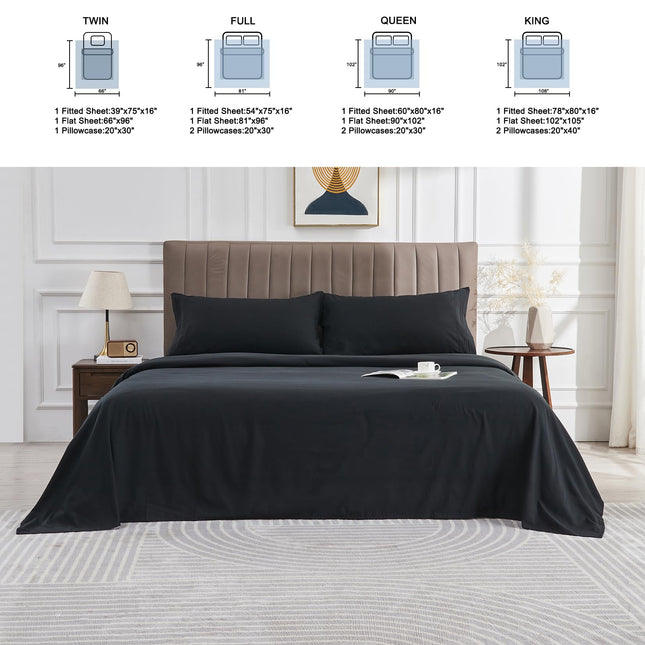 WODFAMY Microfiber Full Size Bed Sheet Set Extra Soft Deep Pockets Luxury Hotel Black Bed Sheets Breathable & Cooling Wrinkle Free 4 Piece Set Fulls Sheets