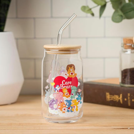 Silver Buffalo Care Bears Heart Cousins Brave Lion Playful Monkey Gentle Lamb Cozy Penguin Lotsa Elephant Bright Raccoon Proud Cat Loyal Dog Treat Pig Swift Rabbit Glass Jar Tumbler w Bamboo Lid, 16oz
