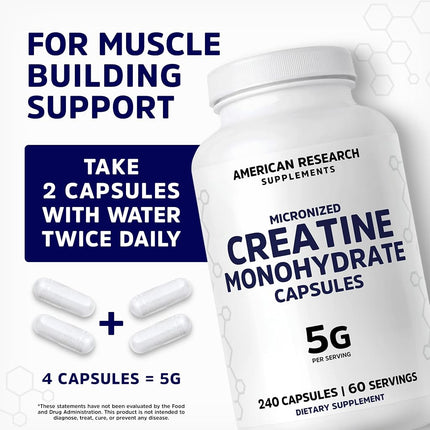 Creatine Monohydrate Capsules 5G | 60 Servings | Vegan | Micronized Creatine Pills 5000mg | 4 Caps per Serving | 240 Capsules | Creatine Pills For Men & Women | Muscle Building | 2 Months Supply