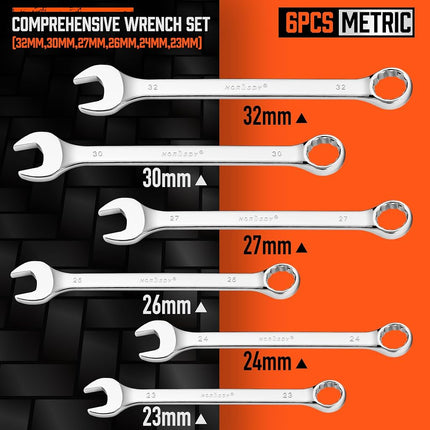 HORUSDY Large Spanner Set with Rolling Pouch | Big Size Metric Spanners Set | 6-Piece | 23mm, 24mm, 26mm, 27mm, 30mm, 32mm | 12 Point | Chrome Vanadium Steel