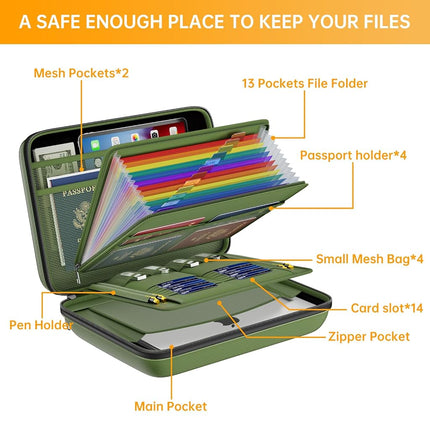 DocSafe Fireproof File Organizer with Lock, Hard-Shell Case Fireproof Document Box with 13 Pocket Accordion File Folder, Portable Home Office Travel Safe Storage for Important Documents Laptop Green