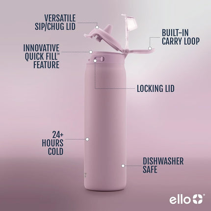 Ello Pop & Fill 32oz Stainless Steel Water Bottle with QuickFill Technology, Double Walled and Vacuum Insulated Metal, Leak Proof Locking Lid, Sip and Chug, Reusable, BPA Free, Mauve