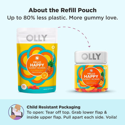 OLLY Hello Happy Gummy Worms, Vitamin D, Saffron, Mood Balance Support, Adult Chewable Supplement, Tropical Zing - 90 Count