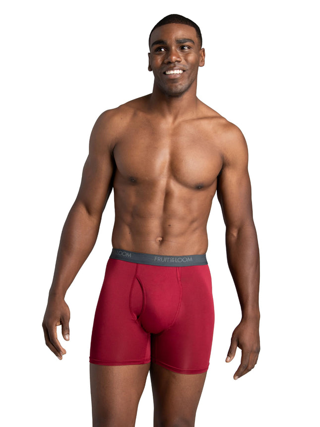 Fruit of the Loom Men's Standard 4-Way Stretch Boxer Briefs | Lightweight & Moisture Wicking Underwear | Long, Regular Leg & Trunk, 6 Pack-Assorted Colors