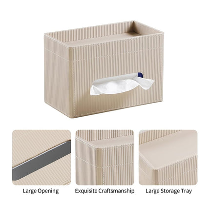 Cretkhp Rectangular Tissue Box Cover with Storage Tray, PU Leather Tissue Box Holder for Bathroom Vanity Countertop Night Stands Bedroom Office Desk, Stylish Tissue Holder Decorative Organizer (Beige)