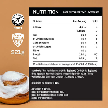 Bare Performance Nutrition, BPN Whey Protein Powder, Concentrado de proteína de suero, Caseína micelar nativa, Excelente mezclabilidad, Rollo de canela, Raciones por envase 27, Peso neto 921g