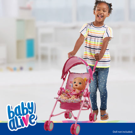 Baby Alive: Cochecito para muñecas - Rosa y arcoíris - Se adapta a muñecas de hasta 24", dosel retráctil, arnés de seguridad para muñecas, manija y ruedas de dos tonos, cesta de almacenamiento, para niños de 3 años en adelante