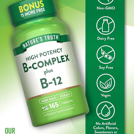 Vitamin B Complex | Plus B12 | 165 Tablets | Vegetarian, Non-GMO & Gluten Free | by Nature's Truth