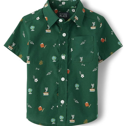 The Children's Place Baby Boys' Poplin Short Sleeve Button Down Shirt, Green School Print, 3T