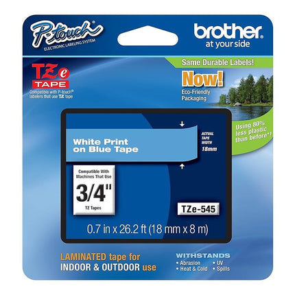 Brother Genuine P-Touch TZE-545 Tape, 3/4" (0.7") Standard Laminated P-Touch Tape, White on Blue, for Indoor or Outdoor Use, Water-Resistant, 26.2 ft (8 m), Single-Pack