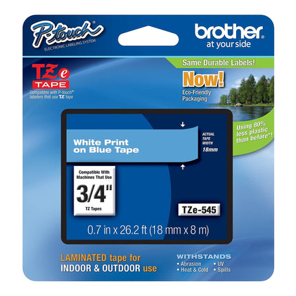 Cinta Brother original P-Touch TZE-545, cinta P-Touch laminada estándar de 3/4" (0.7"), blanco sobre azul, para uso en interiores o exteriores, resistente al agua, 26.2 pies (8 m), paquete individual
