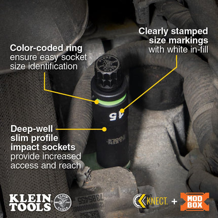 Klein Tools 65111IMPCTM KNECT Deep Well Impact Socket Set, 1/2-Inch Drive, Metric, Color Coded, MODbox Case, Impact Adapter and Extension, 14-Piece