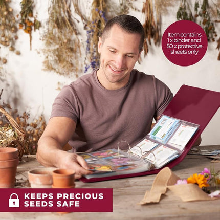 WILDGOOSE Seed Storage Organizer Binder - Seed Packet Organizer with 50 Pack Sheet Protectors That Stores 200 Seed Envelopes. (Raspberry)
