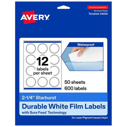 Avery Durable Waterproof Starburst Labels with Sure Feed, 2.25", 600 Oil and Tear-Resistant Waterproof Labels, Print-to-The-Edge, Laser/Pigment-Based Inkjet Printable Labels