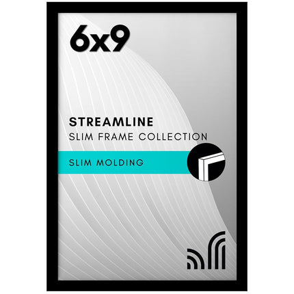 Americanflat 6x9 Picture Frame with Shatter-Resistant Glass - Streamline Collection - Thin Border Photo Frame for Tabletop and Wall Display - Hanging Hardware and Easel Stand Included - Black