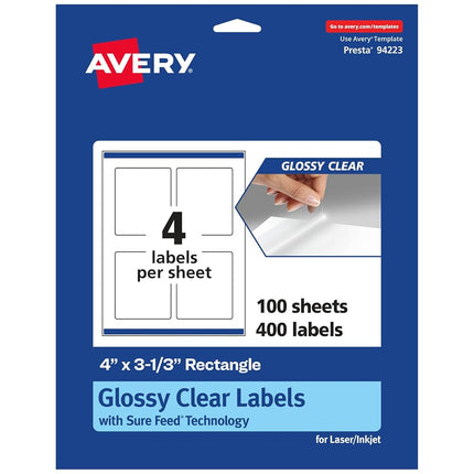 Avery Glossy Clear Rectangle Labels with Sure Feed, 4" x 3-1/3", 400 Glossy Clear Labels, Print-to-The-Edge, Laser/Inkjet Printable Labels