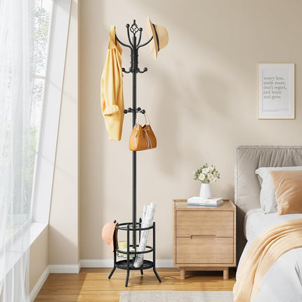 Tajsoon Coat Rack with Umbrella Holder, Coat Stand With 16 Hooks, Black