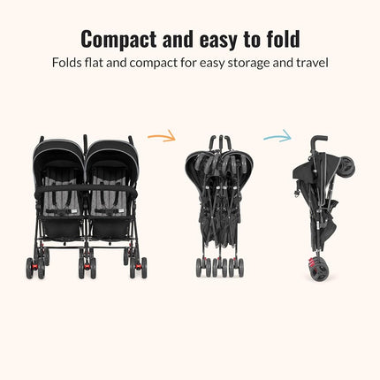 Dream On Me Volgo Twin Baby Stroller, Lightweight Side-by-Side Double Umbrella Stroller with Adjustable Canopy, 5-Point Harness, Storage Basket & Travel-Friendly Fold – Black