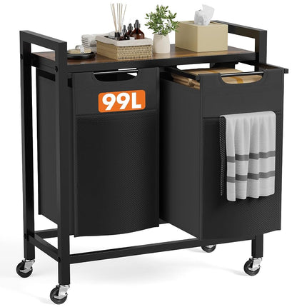 DUMOS Laundry Hamper with 2 Pull-Out Removable Sorter Bags, Movable Wheels, Freestanding Clothes Basket Organizer in Bathroom, 2 × 13.1Gal (99L) Capacity, Rustic Brown and Black