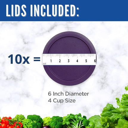 Replacement Lids fits Pyrex 4-Cup Glass Food Storage Container Bowls, 6-Inch Plastic Round Lids Covers for Pyrex 7201-PC, Airtight & Leakproof (10-Pack, Purple)