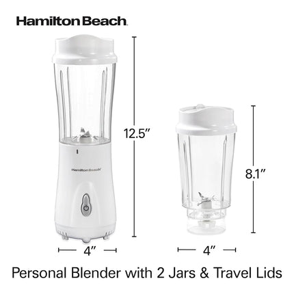 Hamilton Beach Personal Blender for Smoothies & Protein Shakes, Portable Single Serve Blender with 2 Travel Jars & Lids, 14 oz BPA-Free Cups, Stainless Steel Blades, 300W, White, 51102G