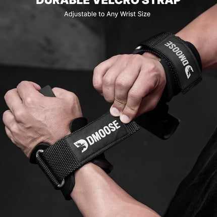 DMoose Fitness Weight Lifting Hooks (Pair) for Deadlifts, Pull Ups, Rows & Shrugs - Anti-Rip Nylon Strap Hand Grips with Thick Wrist Padding - Heavy Duty Wrist Straps for Weightlifting & Gym Workouts