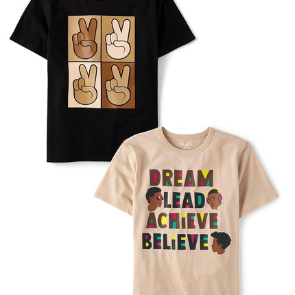 The Children's Place Camisetas gráficas de manga corta para niños para todas las festividades y cumpleaños, paquete de 2, signo de la paz/sueña lidera logra cree, XX-Large