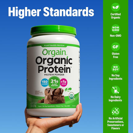 Orgain Organic Vegan Protein Powder, Creamy Chocolate Fudge - 21g of Plant Based Protein, Low Net Carbs, Non Dairy, Gluten Free, No Sugar Added, Soy Free, Kosher, Non-GMO, 2.03 Lb (Packaging May Vary)