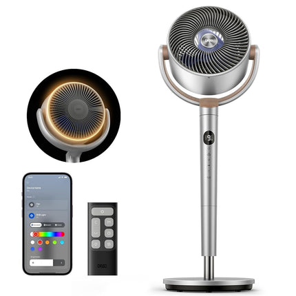 DREO Smart Fans for Bedroom, 120° +120° Omni-Directional Oscillating Fan, 90ft Quiet Pedestal Fan with RGB Light, 9 Speeds, 6 Modes, 20dB, 8H Timer, Wi-Fi/Voice, 37-42" Floor Fans with Remote, Silver