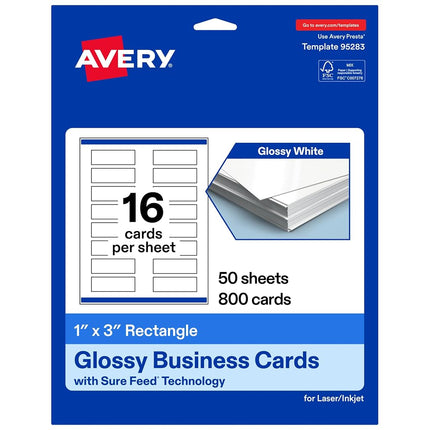 Avery Printable Rectangle Mini Business Cards, Sure Feed Technology, 1" x 3", Glossy White Cardstock, Print-To-The-Edge, Laser/Inkjet Printable, 800 Total