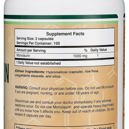Double Wood Supplements Monolaurin 1,000mg per Serving, 210 Capsules (Vegan Safe, Non-GMO, Gluten Free, Made in The USA) Immune Health Support by